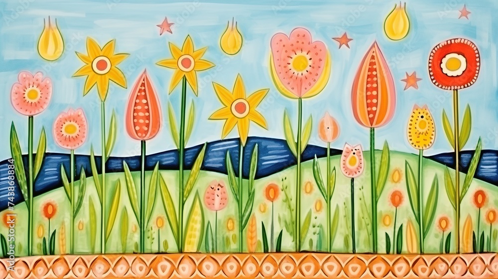 Poster a vibrant painting featuring a sprawling field filled with colorful flowers under a starry night sky