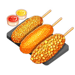 Korean corn dog sausage recipe illustration vector. Korean style french fries corn dog (Gamja-hotdog). Crispy ramen noodle korean corn dog menu. Asian street food corn dog recipe. Sausage on stick.