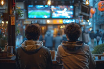 back view of, Young male friends watching football match on TV