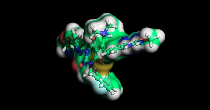 Relugolix, drug against advanced prostate cancer and uterine fibroids, 3D molecule spinning, 4k