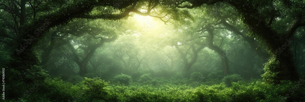 Poster sprawling green forest, teeming with a multitude of tall trees that create a dense canopy. the scene