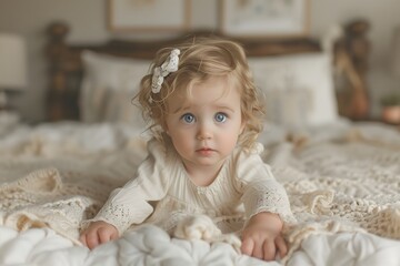 Beautiful baby girl crawling and rolling over in bed
