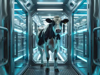 Fotobehang Cybernetic cow in a high tech farm pod showcasing the future of livestock management and sustainability © Kullasup