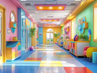 3D cartoon render of a pediatric ward filled with colorful hospital furniture and playful decorations