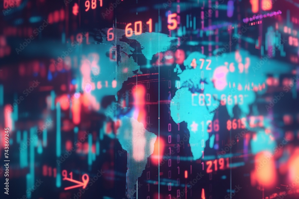 Poster artistic depiction of global economy with a world map interconnected by currency symbols and financi