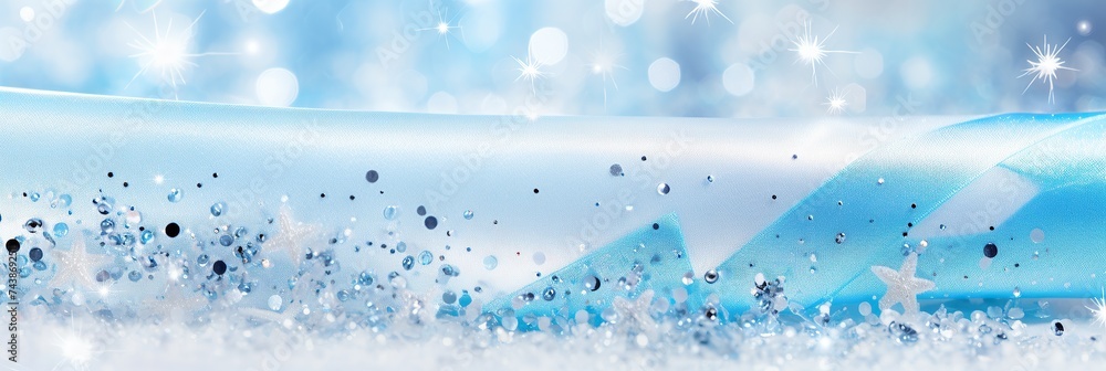 Poster a serene blue and white background adorned with twinkling stars and delicate snowflakes, creating a 