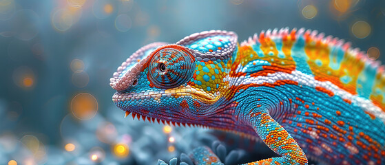 a macro of a chameleon head, blur nature background, with empty copy space 