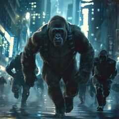 Gorilla leading a group of runners in a futuristic marathon showcasing strength and endurance in an urban setting
