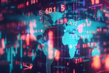 Artistic depiction of global economy with a world map interconnected by currency symbols and financial data streams. 