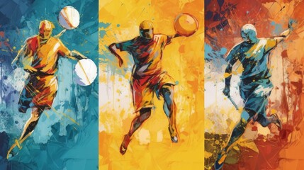 A vibrant painting depicting three jovial men engaged in a spirited game of ball, their laughter echoing in the playful atmosphere