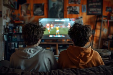Fototapeta premium back view of, Young male friends watching football match on TV