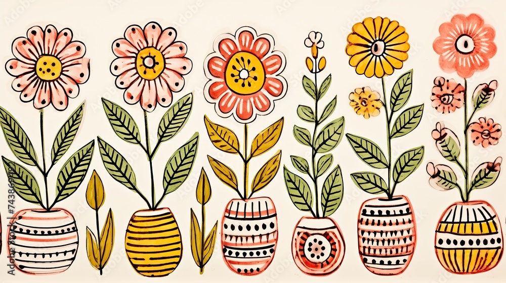 Poster A vibrant array of flowers in assorted vases creating a colorful and lively display. Each bloom shines with its unique beauty and charm, enhancing the atmosphere with natures elegance