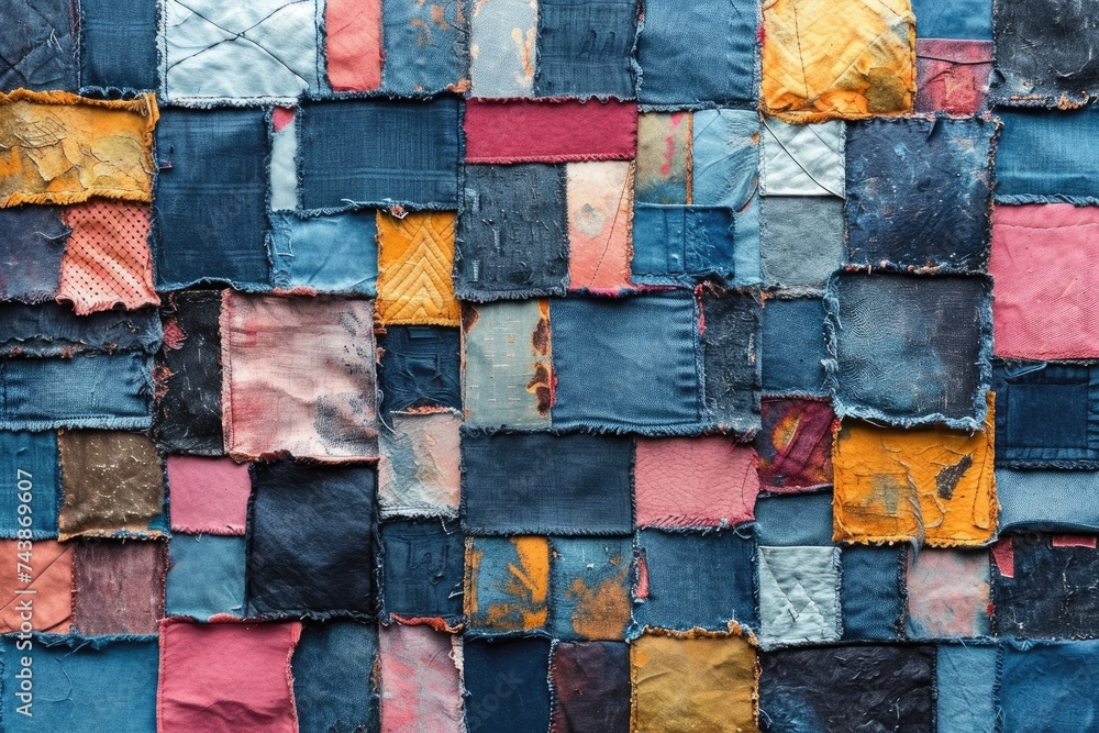 Poster A detailed close up of a multi colored patchwork wall made up of various fabrics stitched together in a mosaic pattern