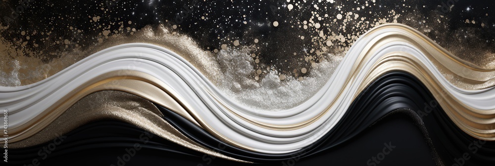 Poster A mesmerizing abstract painting featuring flowing gold and white waves against a black background, creating a sense of ethereal elegance and movement