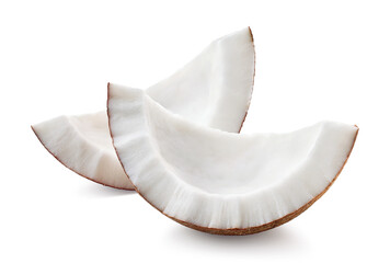 Two fresh ripe coconut pieces on white background - 743869688