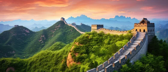 Poster Im Rahmen beautiful landscape view of the ancient Great Wall of China with mountains, sky and trees at sunset created with Generative AI Technology © AstraNova