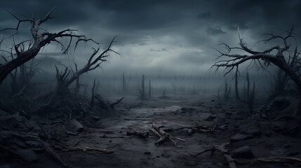 a view of barren land with dead trees and a dark atmosphere