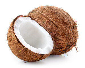 Whole and half of fresh ripe coconut on white background - 743870064