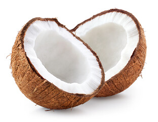 Two fresh ripe coconut halves on white background - 743870086