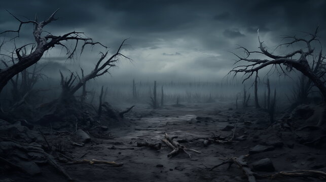 a view of barren land with dead trees and a dark atmosphere