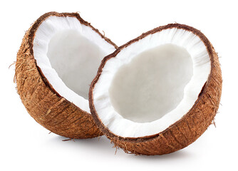 Two fresh ripe coconut halves on white background