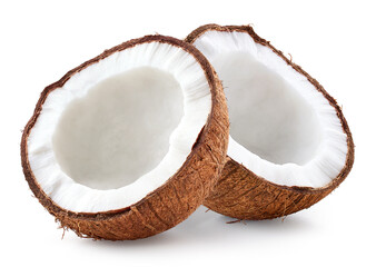 Two fresh ripe coconut halves on white background - 743870229