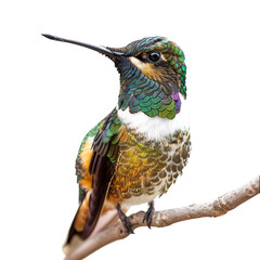 a pretty hummingbird of various colours, sitting on a twig, clean edges, sharp image, isolated on a white background PNG