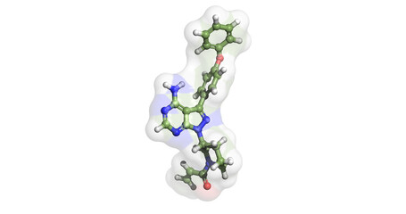 Ibrutinib, anticancer drug against chronic lymphocytic leukemia, mantle cell lymphoma, and Waldenstrom's Macroglobulinemia, 3D molecule 4K
