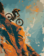 Silhouetted Mountain Biker on Rocky Terrain with Grunge Texture
