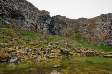 Asbyrgi Canyon, or the Shelter of the Gods, a magical place and natural attraction in Iceland. Natural wonders tours concept.