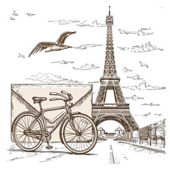 Fototapeta na wymiar isolated. wallpaper. The pattern seamless. Graphic drawing of the Eiffel Tower and plant elements. French motif. Hand drawn graphic. Black and white picture. Textile, Paper, Packaging