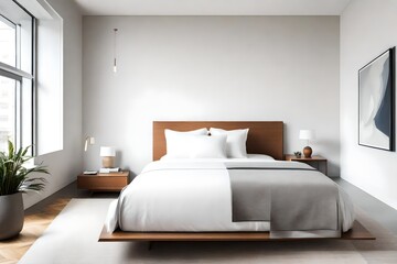 A modern, minimalist guest room with a comfortable bed, crisp linens, and a single artwork on the wall