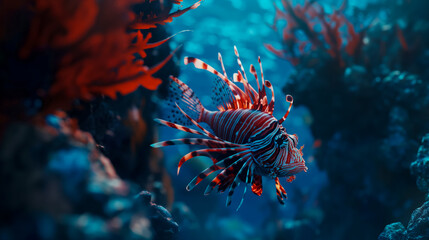 dangerous lionfish, near a coral reef, poster about research and protection of reefs and their inhabitants - obrazy, fototapety, plakaty