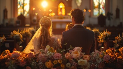 Wedding Ceremony in Church. Bridal couple at the altar with floral decorations, illuminated by warm sunlight.