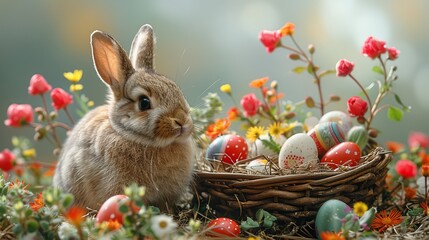 Fototapeta na wymiar Bunny nestled in a wicker basket among colorful Easter eggs and spring flowers.