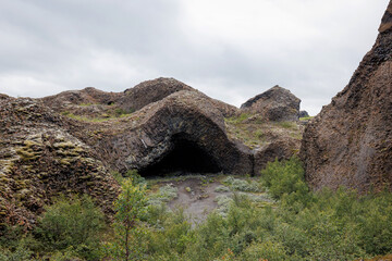 Hljodaklettar scenery, echo rocks or whispering cliffs remains of ancient craters in Iceland,...