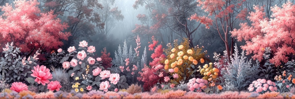 Aufkleber This painting captures a vibrant forest scene teeming with a colorful array of blooming flowers, creating a breathtaking sight of natures beauty and abundance
