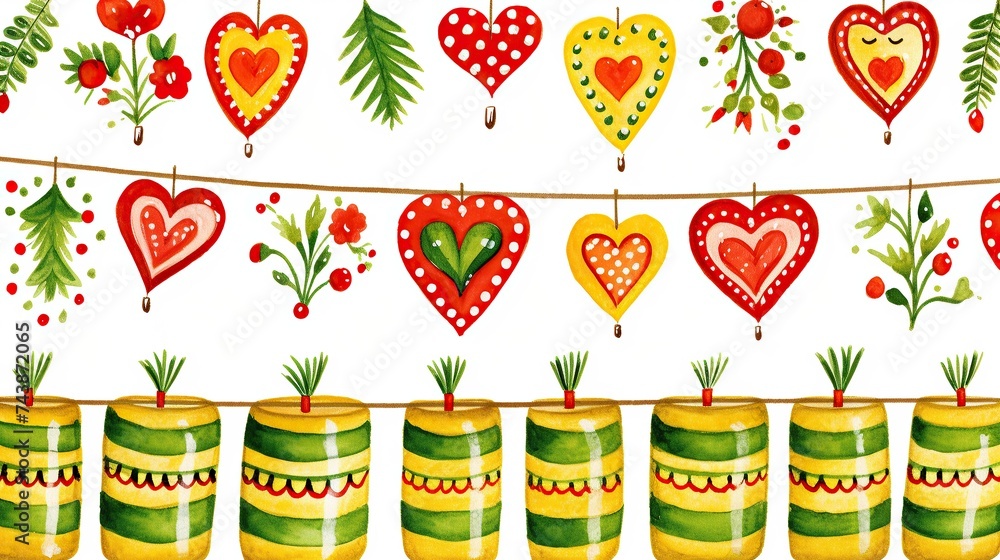 Poster A vibrant painting featuring a variety of vases adorned with dangling hearts, creating a whimsical and enchanting display