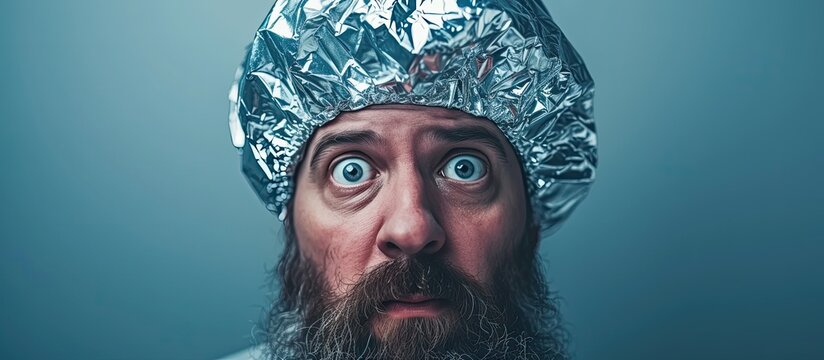 A funny man with a beard is depicted wearing a tinfoil hat in a concept art that explores the themes of conspiracy theories and the concept of insanity.