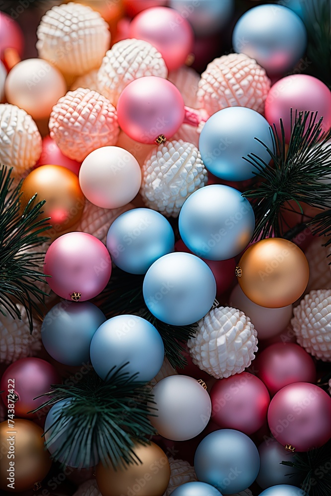 Poster a cluster of dazzling ornaments, shimmering with various colors and shapes, creating a mesmerizing d