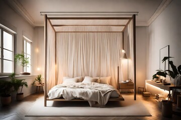 A serene, minimalist bedroom with a canopy bed, soft lighting, and a neutral color scheme