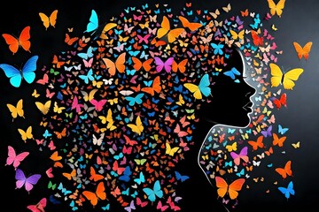  silhouette of girl made with colorful butterflies on clear black background