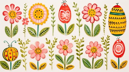 A vibrant painting featuring an array of colorful flowers and intricate bugs set against a clean white background