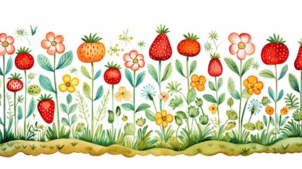 A vibrant painting featuring juicy red strawberries nestled amongst colorful and fragrant flowers on a serene white background - obrazy, fototapety, plakaty
