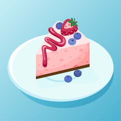 Strawberry cheesecake dessert. With Strawberry and Blueberry. Piece of dessert cake. Vector Icon illustration pastry. 