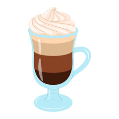 Irish coffee cup with whipped cream. Glass of irish coffee cocktail icon isolated on a white background. Traditional irish coffee with whiskey, sugar and cream vector. Vector illustration