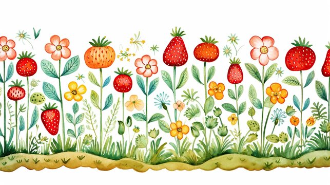 A vibrant painting featuring juicy red strawberries nestled amongst colorful and fragrant flowers on a serene white background