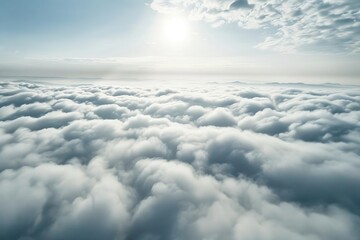 Aerial view of fluffy white clouds from above. peaceful and serene sky perspective - obrazy, fototapety, plakaty