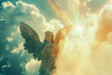 Angelic figure amidst celestial clouds Radiating an aura of divine peace and spirituality - obrazy, fototapety, plakaty