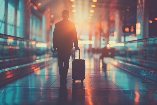 Anticipation of travel captured through the focused perspective of a man in an airport Suitcase in hand